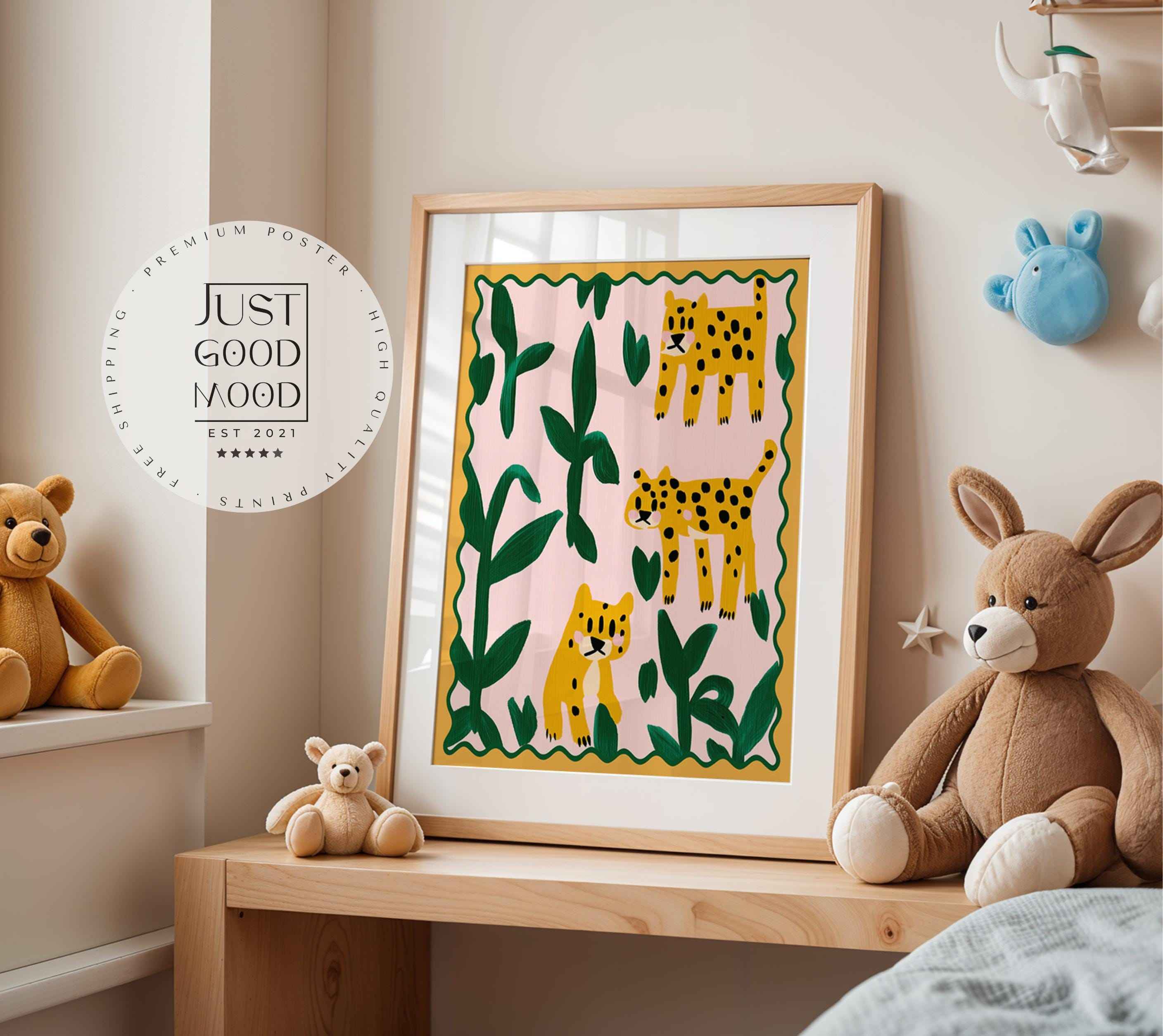 Leopard Safari Poster for Kids Room Jungle Plants Wall Decor Frameless